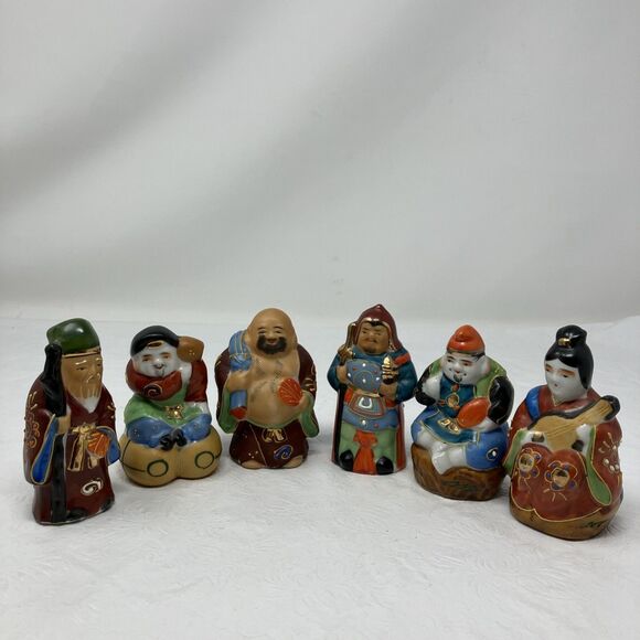 Vintage Japanese Kutani Moriage Lucky Gods Porcelain Figurines Set Lot Of 6 - Picture 1 of 16
